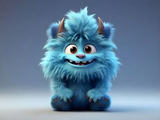 Wall Mural - Cute blue furry monster 3D cartoon character