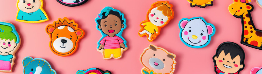 childrens patch mockup, playful design, bright colors, cartoon characters, soft texture