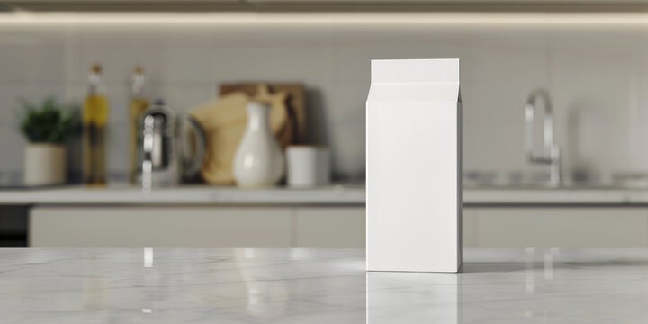 A white carton of milk sits on a counter in a kitchen
