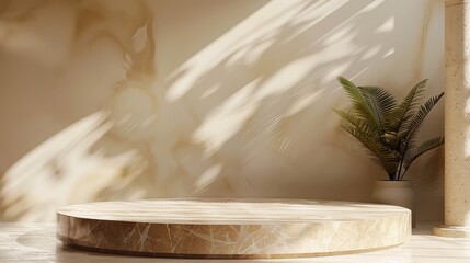 Aufkleber - Brown natural podium product display platform 3d background abstract shadow light concept on cosmetic scene presentation stage mockup or empty beige stone pedestal beauty. Generative AI.