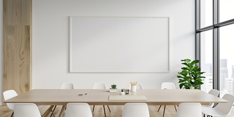 Poster - A large white board sits in the middle of a room with a long wooden table