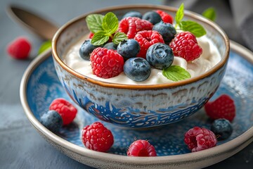 Wall Mural - A bowl of yogurt with berries and mint leaves