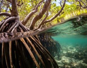 Wall Mural - Mangrove trees roots, above and below the water in the Caribbean