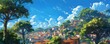 © Rattana - A fantasy backdrop concept art of a town inside a forest, featuring a blue sky, tall trees, and white clouds, depicted as a realistic illustration for video game backgrounds or digital painting