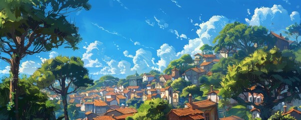 A fantasy backdrop concept art of a town inside a forest, featuring a blue sky, tall trees, and white clouds, depicted as a realistic illustration for video game backgrounds or digital painting