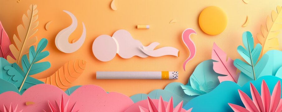 An illustration in paper art style, depicting the concept of a no smoking day world with digital craft elements, promoting health and wellness.