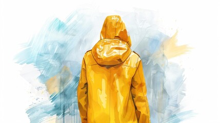 Digital drawing of a person wearing a yellow raincoat with watercolor style