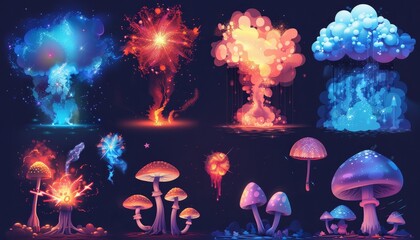 A collection of realistic, isolated modern illustrations of star clouds and mushrooms, featuring various firework explosion patterns in different shapes and forms.