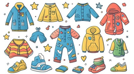 Collection of colorful children's clothing, including shirts, trousers, jackets and others on a white background.