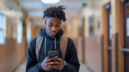 The black teenage boy is on his cellphone in the hallway of his high school while texting.