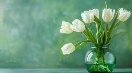 Canvas Print - A vase of white tulips on a green background with green glass