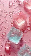 Ice cubes with refreshing water droplets on a pink surface depicting coolness and purity