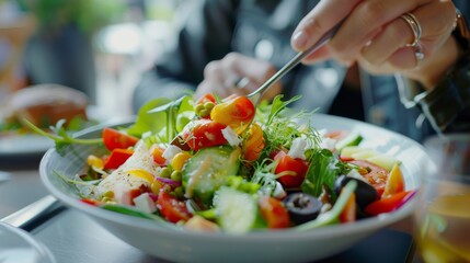 Close-up shot of a healthy vegetable salad being served in a restaurant by a customer.