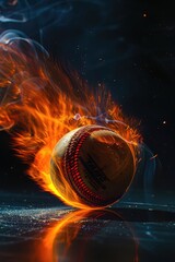 Wall Mural - A cricket ball with dynamic flames trailing behind it, set against a pitch-black background to highlight the fiery effect and movement