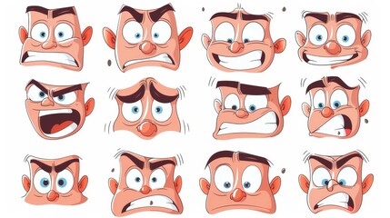Wall Mural - Anime comic faces set, smiling, crying and surprised character icons. A collection of comic emotions for happy and sad comic strips.