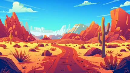 Wall Mural - A desert landscape with a road, rocks and cactuses. A modern cartoon illustration of a highway turn in the Arizona or Mexico hot sand desert with orange mountains.