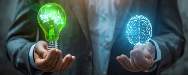 Wall Mural - A businessman holding two symbols, one of an green man with lightbulb above head and the other is blue digital brain. The background has soft lighting to highlight their features