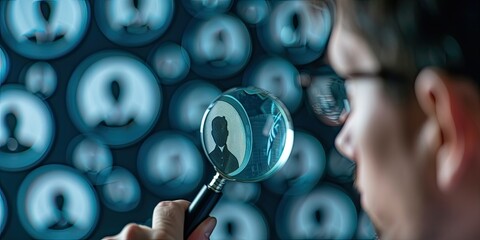 A businessman is using a magnifying glass to choose a person icon on a digital screen with many people icons, in the style of a stock photo, for HR purposes