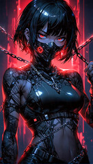Wall Mural - Portrait of an anime style cyberpunk female ninja warrior on a dark moody and atmospheric background
