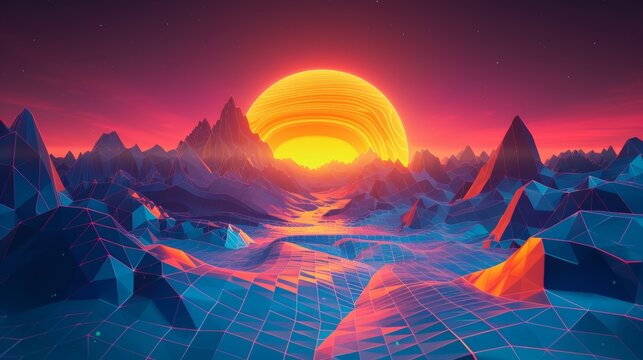 Retro low poly grid landscape mountain terrain with glowing outrun sun modern illustration template with futuristic neon retrowave background.