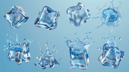 Poster - Water splashes with ice cubes set. Realistic modern illustration of pure liquid with ice cubes, droplets, and air bubbles.