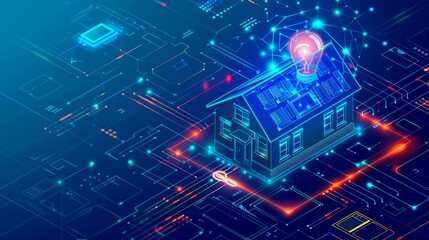 Poster - Isometric web banner depicting smart home lighting. House lamp, home equipment control, internet of things wireless technology, service. 3D modern illustration, line art, landing page design.