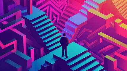 This is an isometric landing page showing businessman standing at confusing steps, making a decision, solving a problem, and choosing his career path and life path. 3D modern lineart banner shows new