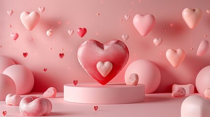 Sticker - Modern 3D floor display and heart shape mockup for Valentine's Day product presentation