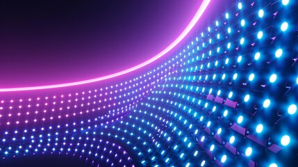 Poster - The concave led video screen is lit with blue and purple dots. Modern illustration of led grid pattern for display on stadiums or scenes. Curved digital panel with mesh of diode lamps.