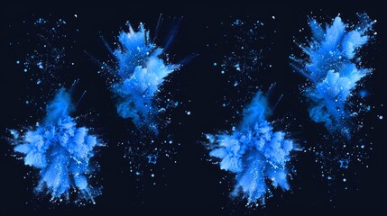 Wall Mural - Blue powder explosions and paint dust with particles. Modern realistic set of colored ink splashes, clouds of powder, splatters and spray isolated on black.