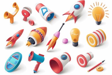 Poster - an icon set of rockets, cups, light bulbs, magic wands, coins, targets, megaphones, and diagrams in 