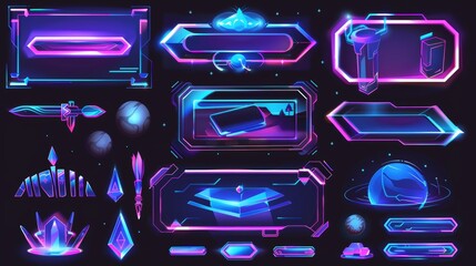 Poster - The space stream overlay. Game twitch user interface frame, streaming screen, gamer name panels, menus and buttons. Template for esports, online live video, digital user interface glow borders.