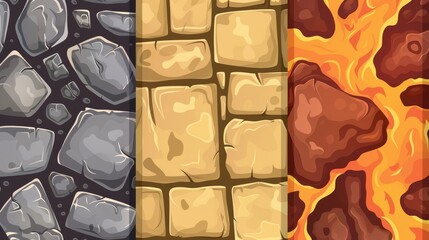 Wall Mural - Stone, sand, and lava textures for game backgrounds. Modern cartoon seamless patterns of an area with cobblestones, sandy ground, and magma flowing out of it.