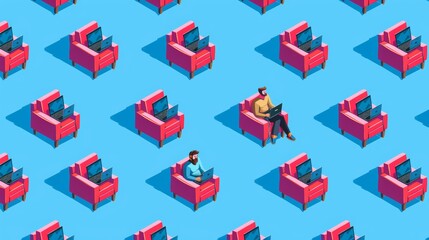 Fototapete - isometric pattern with man seated on chair working on laptop on blue background. freelance, programm