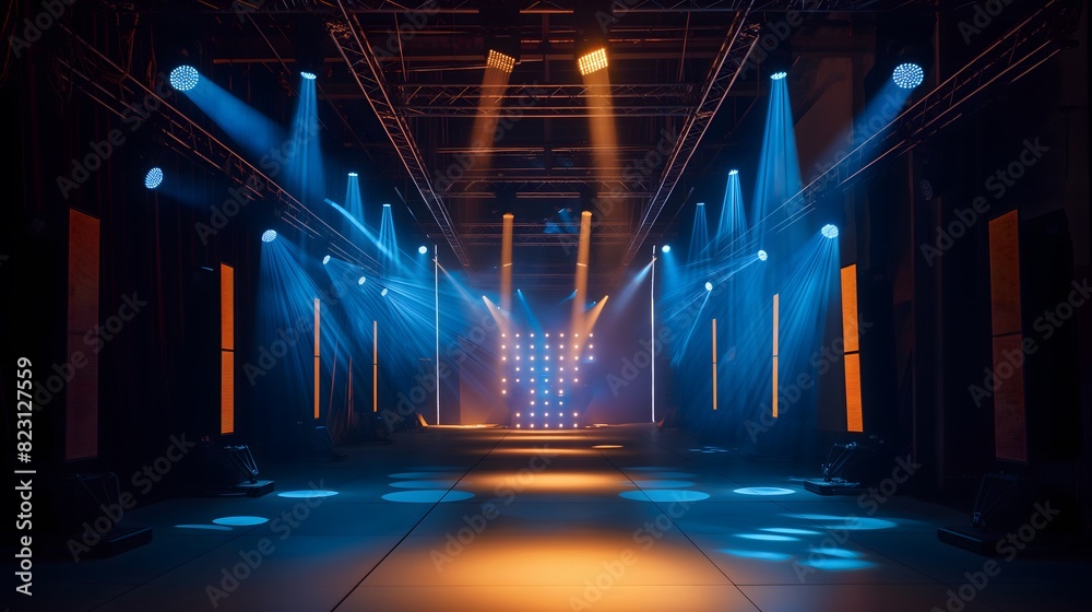 Stage lighting setup with blue and orange spotlights on a runway ...