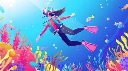 Wall Mural - The girl in the mask and costume explores an underwater tropical reef, ocean world, female character snorkeling, cartoon modern illustration.