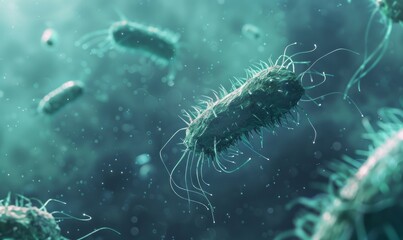 A blue background with several bacteria in the foreground, representing micro fizzing