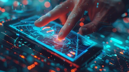 Poster - A hand presses the finger on the touch screen of the tablet or smart phone, which is lying on the table. The hand holds a Smartwatch, which represents future technology in abstract form.