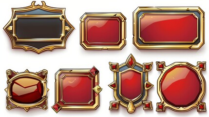 Poster - RPG game user interface elements isolated on a background of empty old red banners with fancy golden borders. Game buttons with fantasy gold frames.