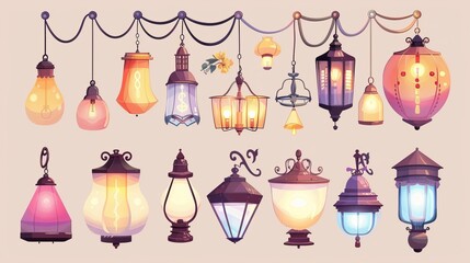 Wall Mural - Light equipment for office and home interiors with chandeliers and pendant lanterns with lampshade hanging from wires.