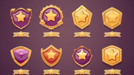Poster - golden badges of levels with star ratings isolated on white background. modern cartoon icons of gold