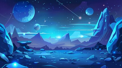Wall Mural - Illustration of a fantastic landscape of alien planet with game battle podium, rocks, flying stones, and glowing blue spots.