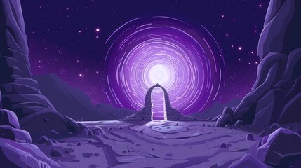 Wall Mural - Magic portal on a mountaintop or on an alien planet's surface. Futuristic landscape background with glowing entrance in rock. Fantasy scene, Cartoon modern illustration.