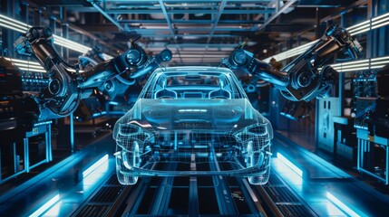 Poster - During assembly on the assembly line, robots work on the manufacturing of cars. There are also industrial robotic welders working on the line.