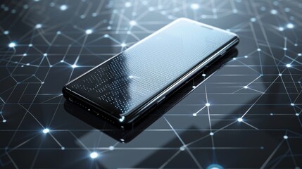 Poster - An abstract black smart phone on a white table. A realistic modern. The device is a touchscreen phone.
