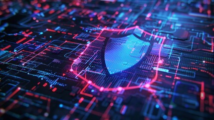 Poster - hacking logo of the digital shield. scratching the digital shield. cybercrime or virus attack. prote