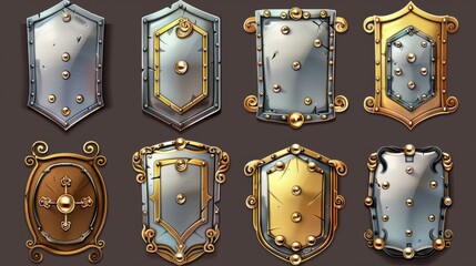 Poster - Set of silver and gold ranking frames in medieval style for games. Isolated metallic and golden borders with swirls to represent game buttons or bars, three-dimensional modern cartoons.