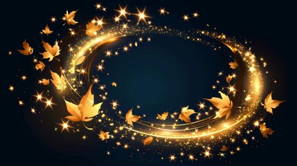 Poster - An autumn wind effect with leaves. Tornado light spiral with stars and sparkles. Gold swirled wand, magician spell, wizard, fairy golden light, shiny trace, realistic 3D modern illustration.