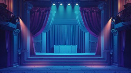 Poster - Theatre stage with spotlights and curtains and empty space for text. Theatre interior, empty scene, luxury velvet curtains, music hall, opera, drama, cartoon illustration.