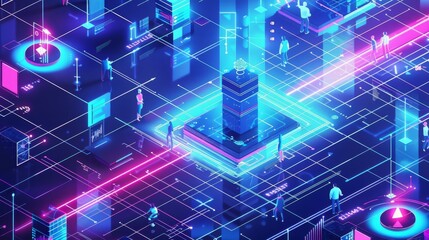 Poster - Isometric modern illustration of artificial intelligence analyzing business data and optimizing work.